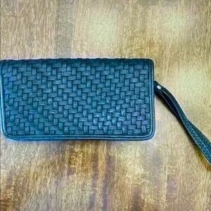 Madison West Wristlet Wallet Black Woven Faux Leather Clutch